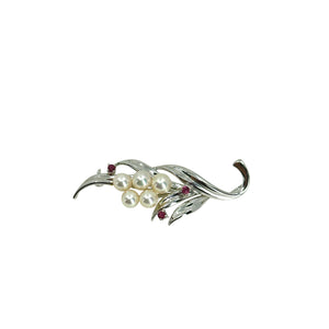 Vintage Pink Topaz Japanese Saltwater Akoya Cultured Pearl Spray Leaf Brooch Pendant- Sterling Silver