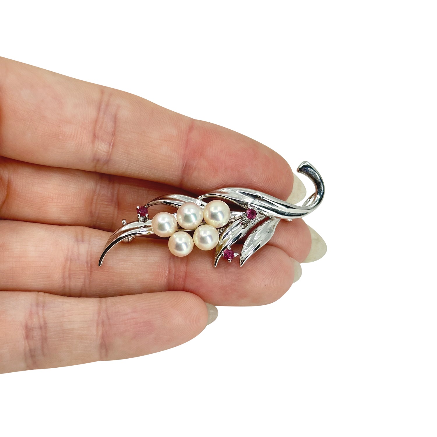 Vintage Pink Topaz Japanese Saltwater Akoya Cultured Pearl Spray Leaf Brooch Pendant- Sterling Silver