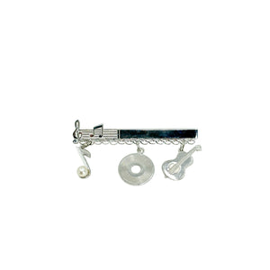 Retro Record Music Note Guitar Japanese Saltwater Akoya Cultured Pearl Vintage Bar Brooch- Sterling Silver