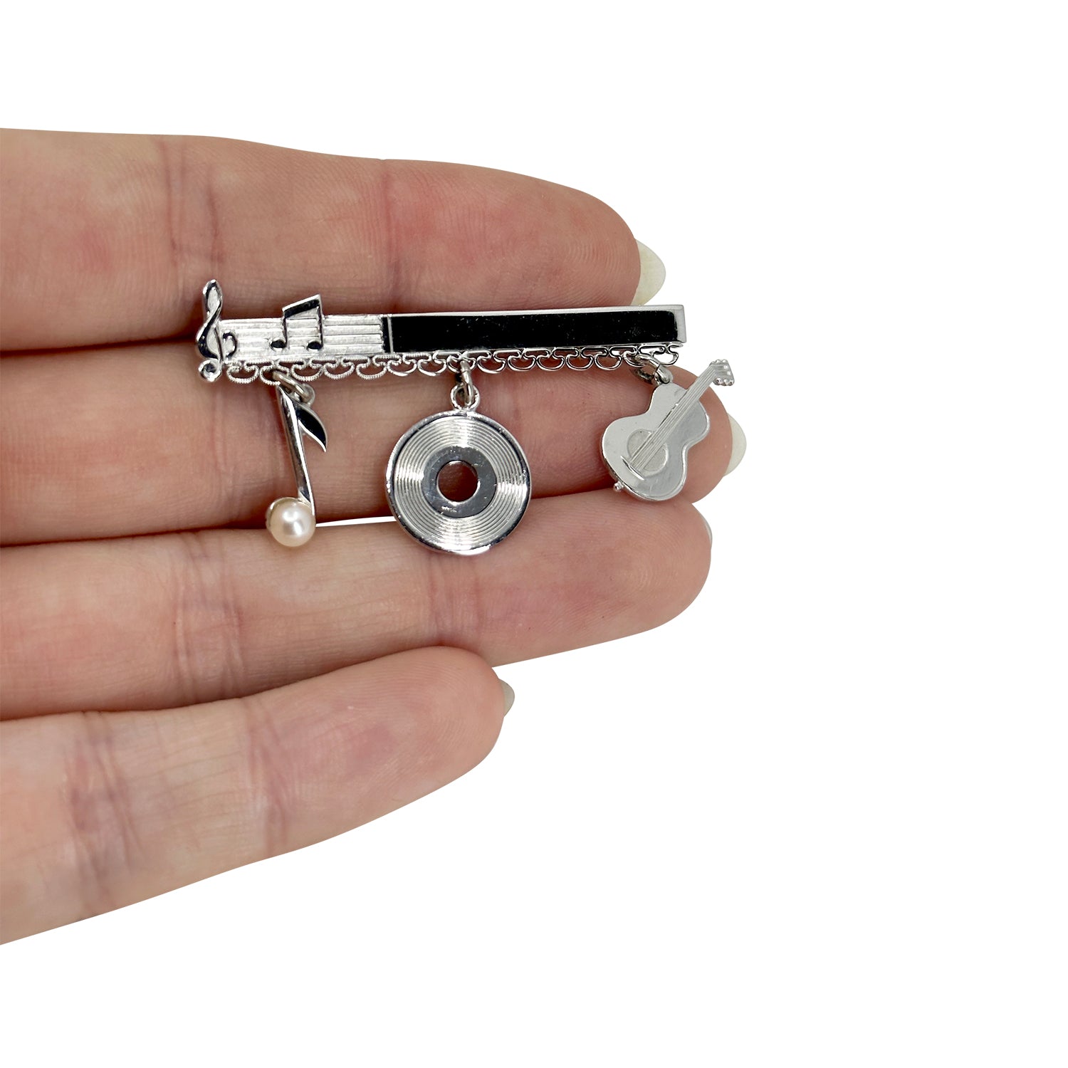 Retro Record Music Note Guitar Japanese Saltwater Akoya Cultured Pearl Vintage Bar Brooch- Sterling Silver