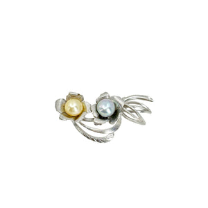 Large Golden Blue Floral Japanese Saltwater Akoya Cultured Pearl Handmade Brooch- Sterling Silver