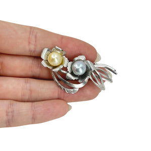 Large Golden Blue Floral Japanese Saltwater Akoya Cultured Pearl Handmade Brooch- Sterling Silver