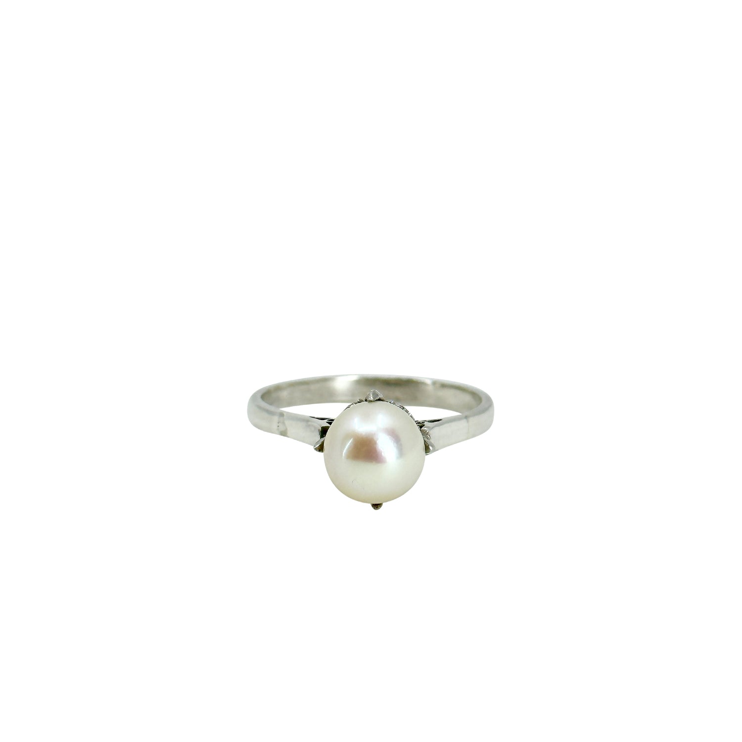 Claw Prong Art Deco Japanese Saltwater Akoya Cultured Pearl Solitaire Ring- Sterling Silver Sz 6.75