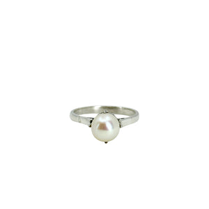 Claw Prong Art Deco Japanese Saltwater Akoya Cultured Pearl Solitaire Ring- Sterling Silver Sz 6.75