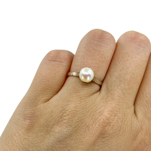 Claw Prong Art Deco Japanese Saltwater Akoya Cultured Pearl Solitaire Ring- Sterling Silver Sz 6.75