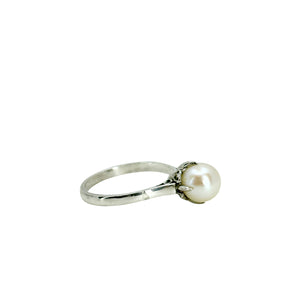 Claw Prong Art Deco Japanese Saltwater Akoya Cultured Pearl Solitaire Ring- Sterling Silver Sz 6.75