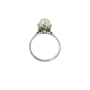 Claw Prong Art Deco Japanese Saltwater Akoya Cultured Pearl Solitaire Ring- Sterling Silver Sz 6.75