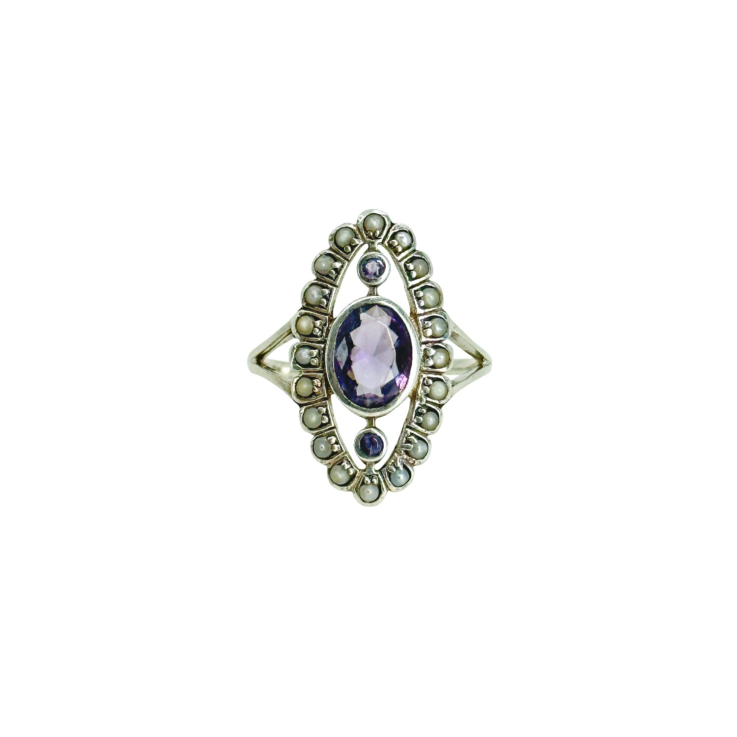 Navette Amethyst Antique Seed Pearl Halo Style Split Shank Ring- Sterling Silver Sz 6.75