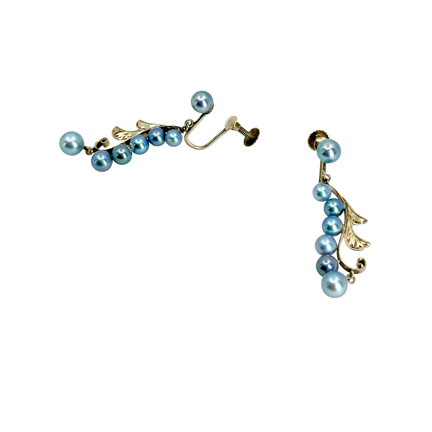 Art Nouveau Vivid Blue Akoya Saltwater Cultured Pearl Leaf Screwback Earrings- Rose Gold