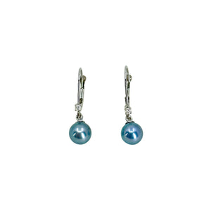 Retro Bright Blue Japanese Akoya Saltwater Cultured Pearl Lever Back White Sapphire Earrings- 14K White Gold 