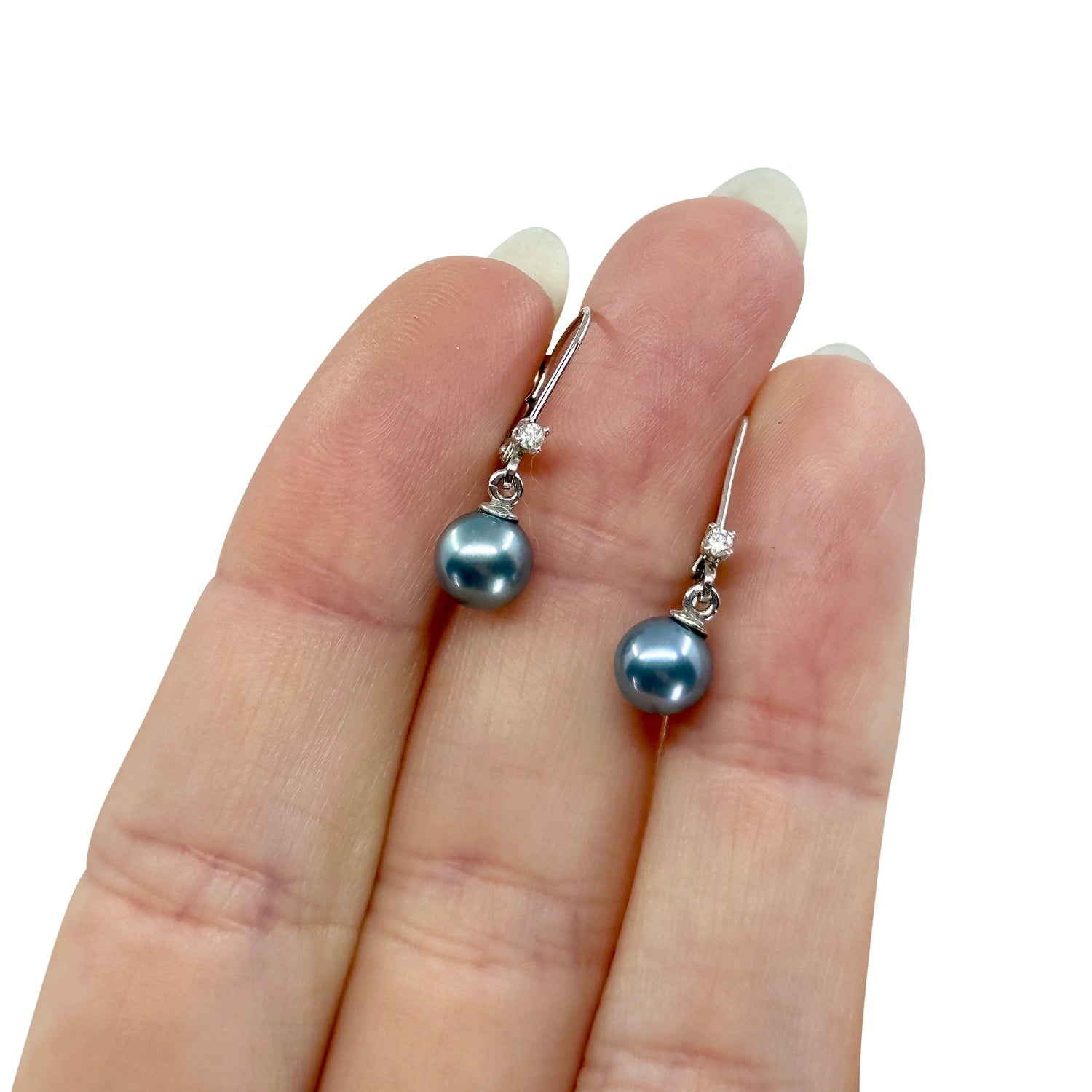 Retro Bright Blue Japanese Akoya Saltwater Cultured Pearl Lever Back White Sapphire Earrings- 14K White Gold 