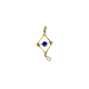 Dainty Art Nouveau Lavaliere Natural River Pearl Blue Paste Antique Pendant- 10K Yellow Gold