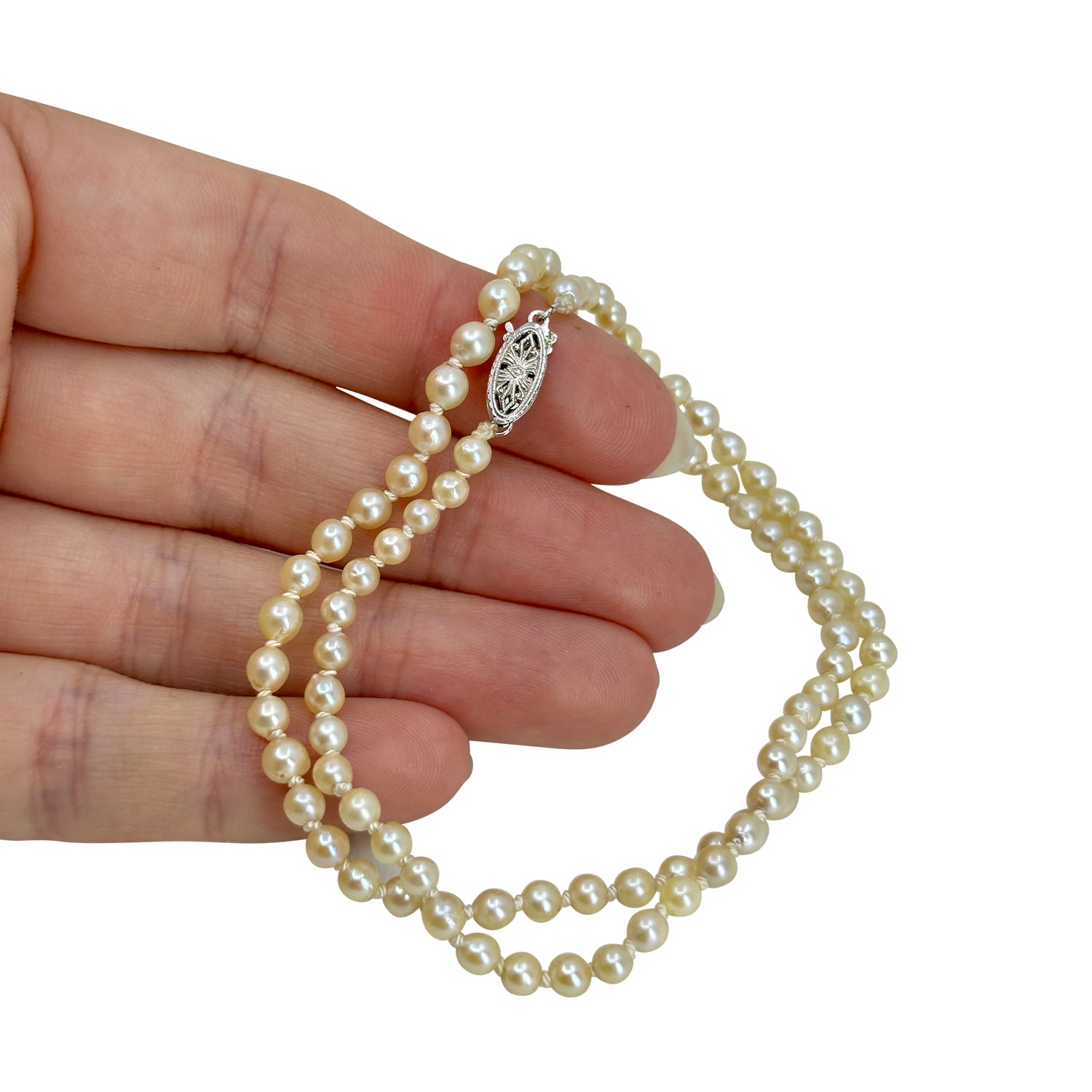 Petite Retro Japanese Saltwater Cultured Akoya Pearl Vintage Necklace - 10K White Gold 16.25 Inch