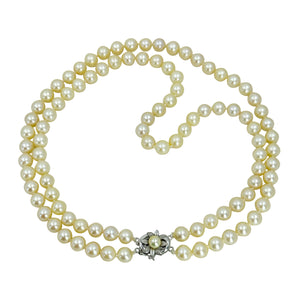 Golden Akoya Collar Double Strand Art Nouveau Japanese Saltwater Cultured Akoya Pearl Vintage Choker Necklace - 14K White Gold 14.25 & 14.75 Inch