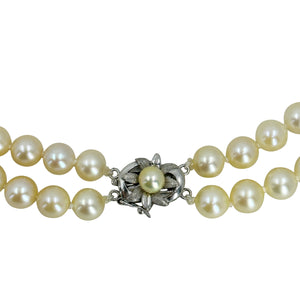 Golden Akoya Collar Double Strand Art Nouveau Japanese Saltwater Cultured Akoya Pearl Vintage Choker Necklace - 14K White Gold 14.25 & 14.75 Inch