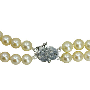 Golden Akoya Collar Double Strand Art Nouveau Japanese Saltwater Cultured Akoya Pearl Vintage Choker Necklace - 14K White Gold 14.25 & 14.75 Inch