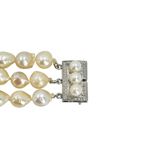 Triple Strand Baroque Japanese Saltwater Akoya Cultured Pearl Vintage Bracelet- Sterling Silver