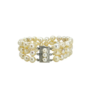 Triple Strand Baroque Japanese Saltwater Akoya Cultured Pearl Vintage Bracelet- Sterling Silver