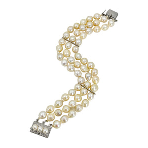 Triple Strand Baroque Japanese Saltwater Akoya Cultured Pearl Vintage Bracelet- Sterling Silver