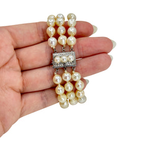 Triple Strand Baroque Japanese Saltwater Akoya Cultured Pearl Vintage Bracelet- Sterling Silver