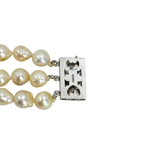 Triple Strand Baroque Japanese Saltwater Akoya Cultured Pearl Vintage Bracelet- Sterling Silver