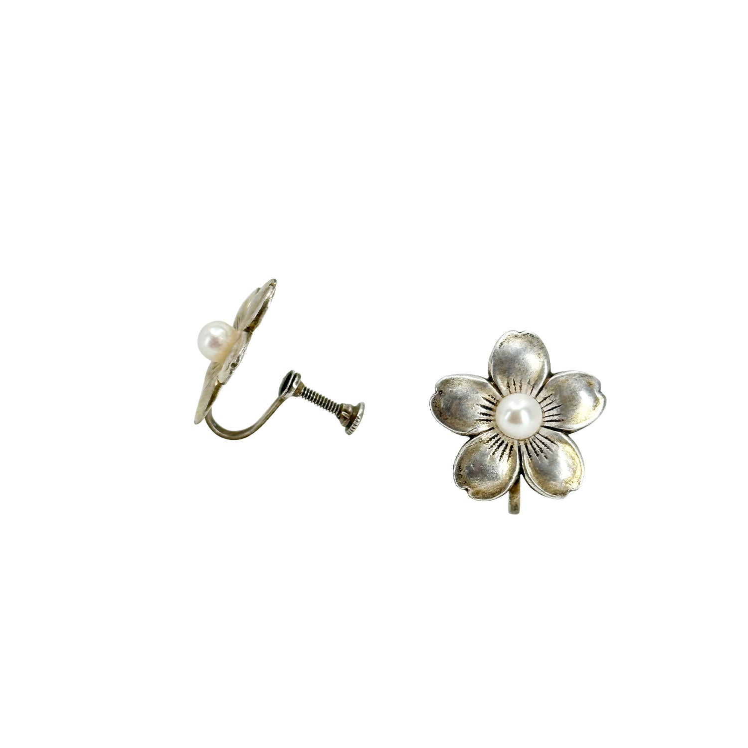 Vintage Sakura Cherry Blossom Akoya Saltwater Cultured Pearl Screwback Earrings- Sterling Silver
