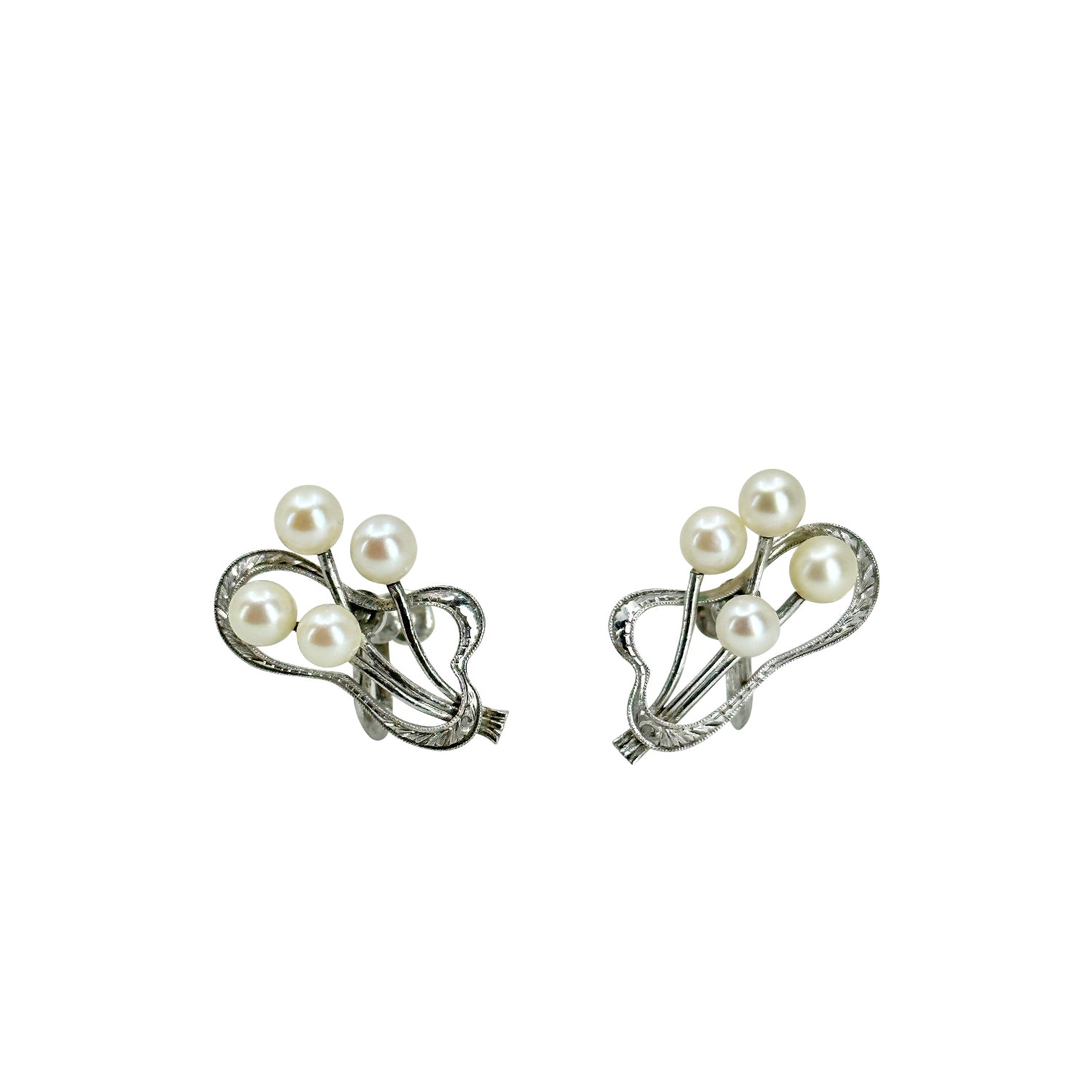 Mikimoto Vintage Abstract Art Nouveau Akoya Saltwater Cultured Pearl Screwback Earrings- Sterling Silver