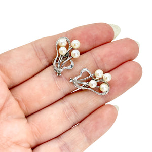 Mikimoto Vintage Abstract Art Nouveau Akoya Saltwater Cultured Pearl Screwback Earrings- Sterling Silver