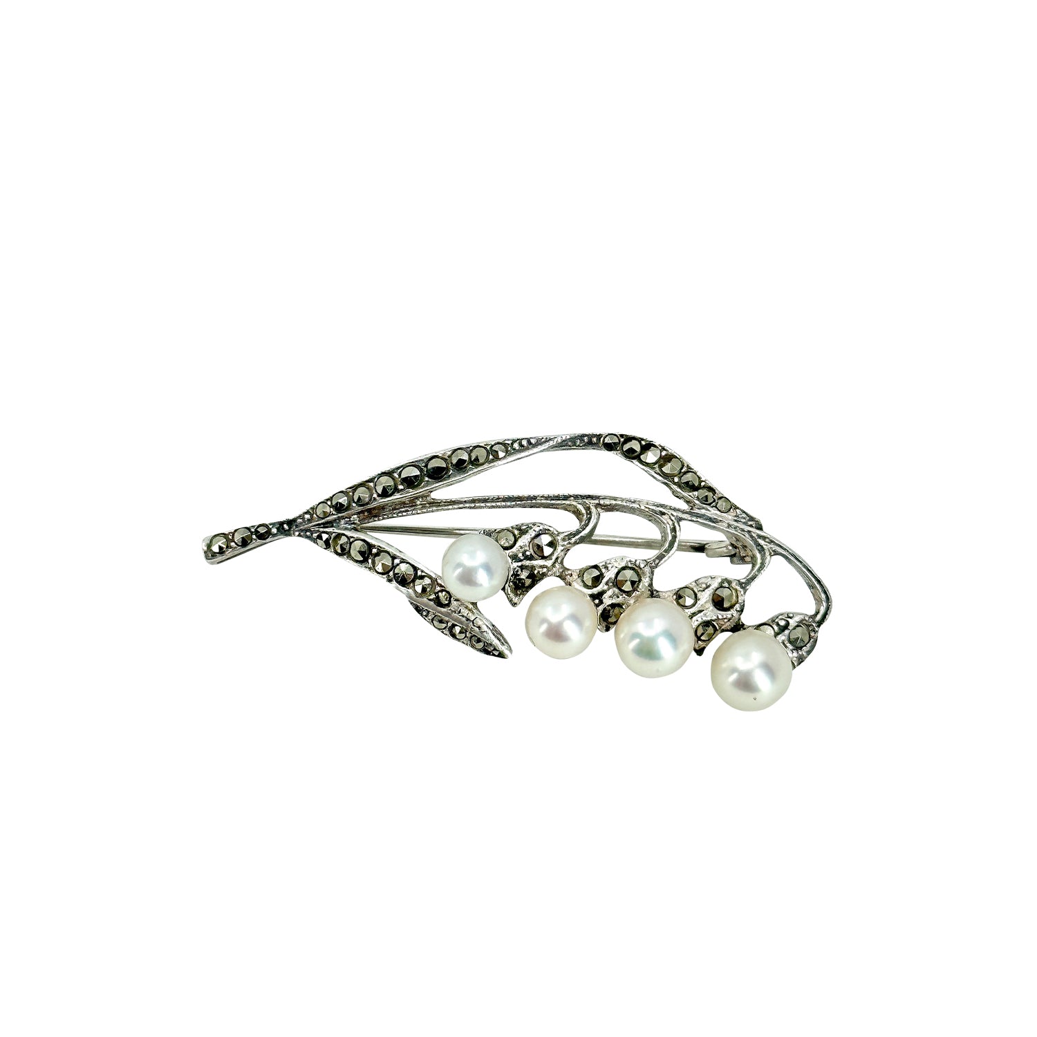 Lilly of the Valley Nouveau Marcasite Japanese Cultured Saltwater Akoya Pearl Brooch- Sterling Silver