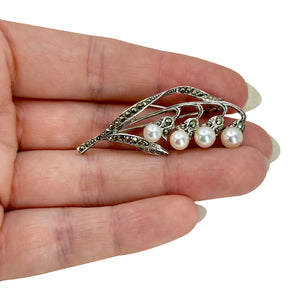 Lilly of the Valley Nouveau Marcasite Japanese Cultured Saltwater Akoya Pearl Brooch- Sterling Silver