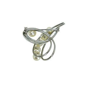 Brushed Swirl Mid Century Japanese Saltwater Akoya Cultured Pearl Vintage Brooch- Sterling Silver