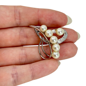 Brushed Swirl Mid Century Japanese Saltwater Akoya Cultured Pearl Vintage Brooch- Sterling Silver
