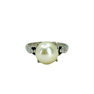 Floral Solitaire Vintage Japanese Saltwater Akoya Cultured Pearl Ring- Sterling Silver Sz 4.50