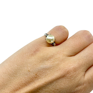 Floral Solitaire Vintage Japanese Saltwater Akoya Cultured Pearl Ring- Sterling Silver Sz 4.50