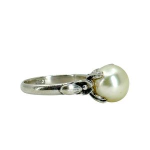 Floral Solitaire Vintage Japanese Saltwater Akoya Cultured Pearl Ring- Sterling Silver Sz 4.50