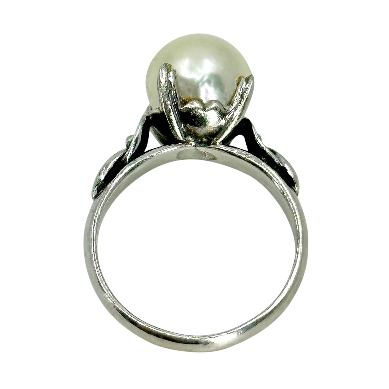 Floral Solitaire Vintage Japanese Saltwater Akoya Cultured Pearl Ring- Sterling Silver Sz 4.50