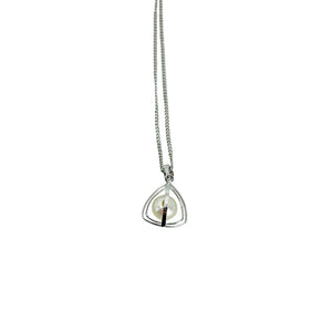 Mid Century Japanese Saltwater Akoya Cultured Pearl Triangle Geometric Pendant Necklace- Sterling Silver 16 Inch