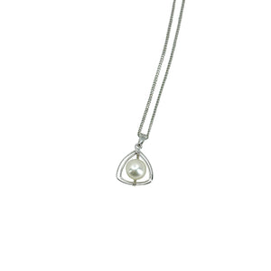 Mid Century Japanese Saltwater Akoya Cultured Pearl Triangle Geometric Pendant Necklace- Sterling Silver 16 Inch