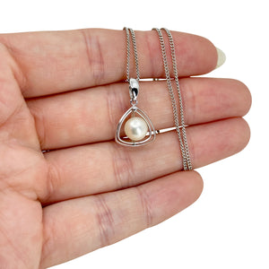 Mid Century Japanese Saltwater Akoya Cultured Pearl Triangle Geometric Pendant Necklace- Sterling Silver 16 Inch