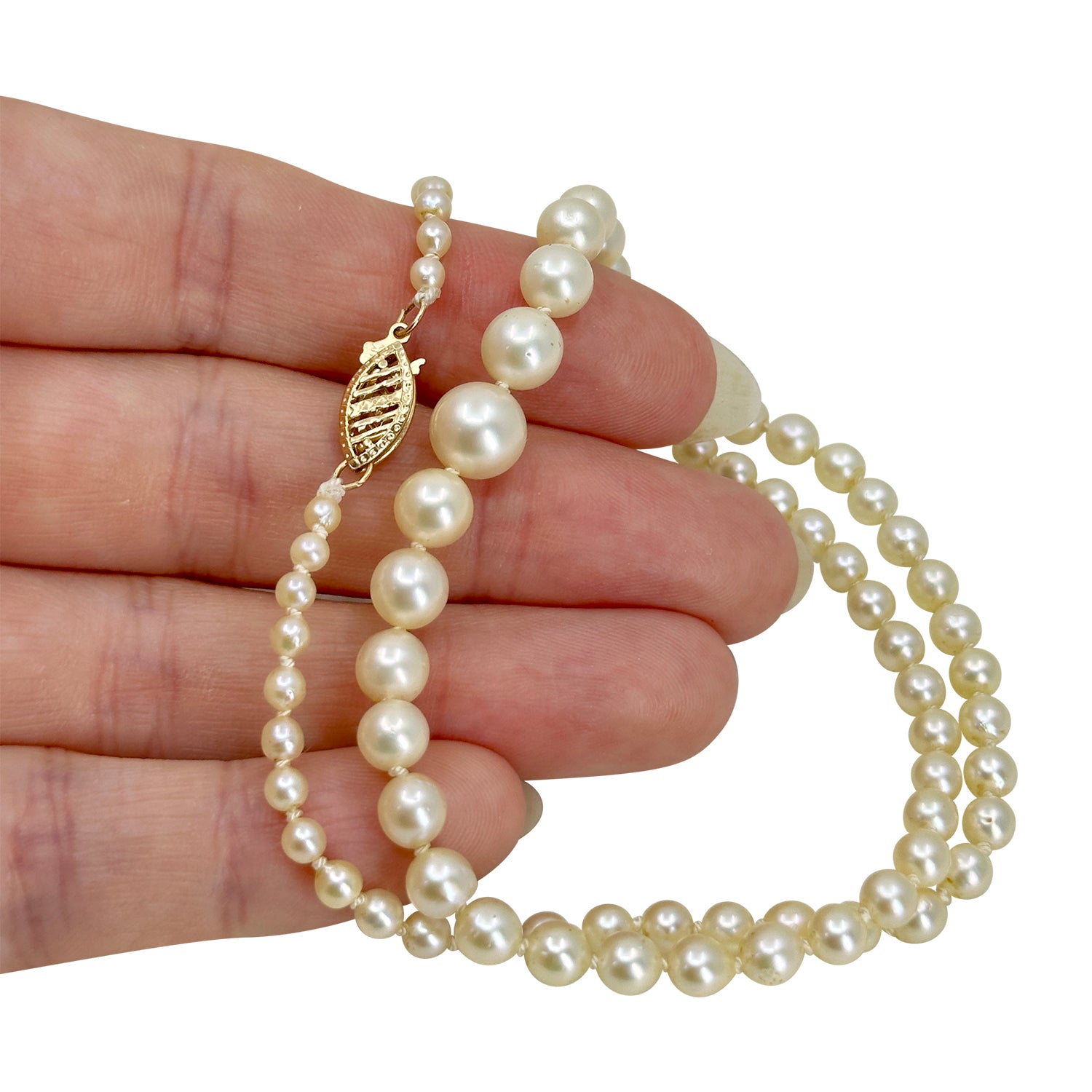 Vintage Cream Japanese Saltwater Akoya Cultured Pearl Necklace - 14K Yellow Gold 16.50 Inch