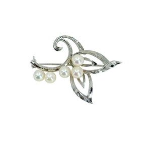 Engraved Leaf Swirl Mid Century Japanese Saltwater Akoya Cultured Pearl Elvish Vintage Brooch- Sterling Silver
