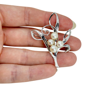 Swirling Vine Mid Century Japanese Saltwater Akoya Cultured Pearl Elvish Vintage Brooch- Sterling Silver