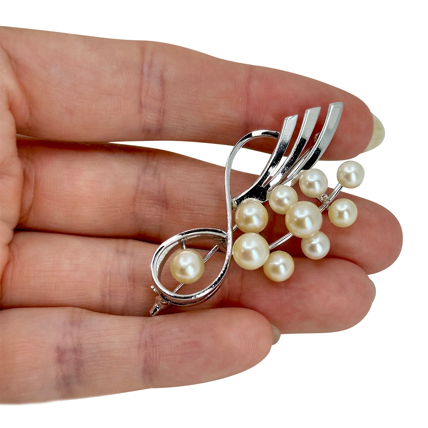 Modernist Mid Century Japanese Saltwater Akoya Cultured Pearl Minimal Vintage Brooch- Sterling Silver