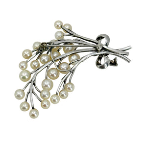 Large Tree Branch Bow Japanese Saltwater Akoya Cultured Pearl Vintage Spray Brooch- Sterling Silver