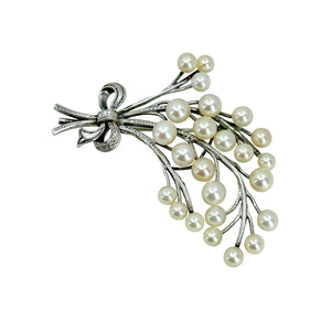 Large Tree Branch Bow Japanese Saltwater Akoya Cultured Pearl Vintage Spray Brooch- Sterling Silver