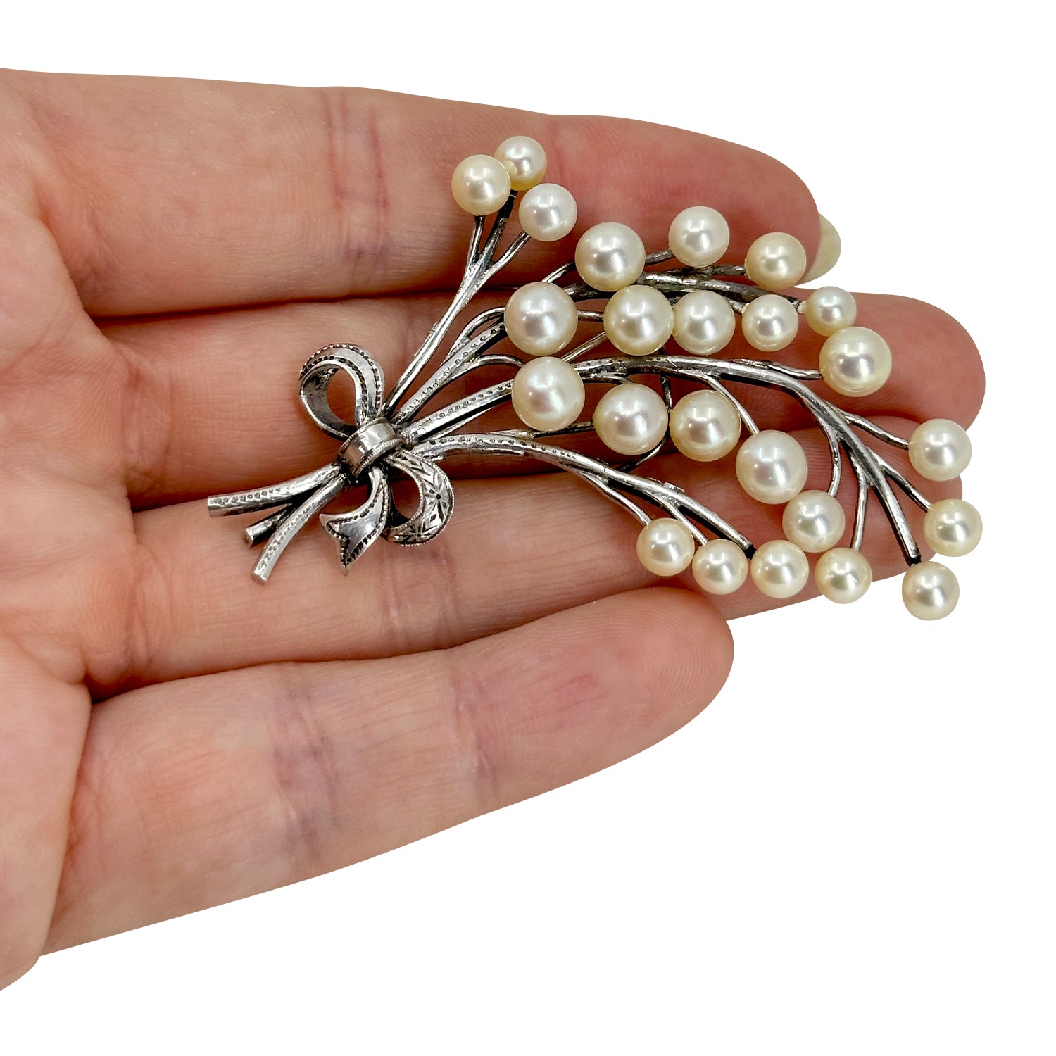 Large Tree Branch Bow Japanese Saltwater Akoya Cultured Pearl Vintage Spray Brooch- Sterling Silver