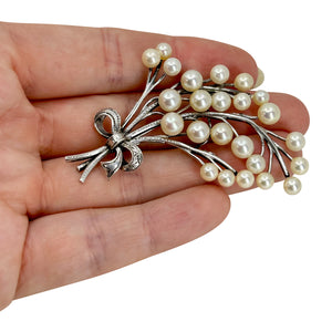 Large Tree Branch Bow Japanese Saltwater Akoya Cultured Pearl Vintage Spray Brooch- Sterling Silver