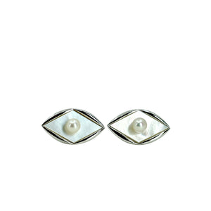 Marquise Mother of Pearl Japanese Saltwater Akoya Cultured Pearl Vintage Navette Cufflinks- Sterling Silver