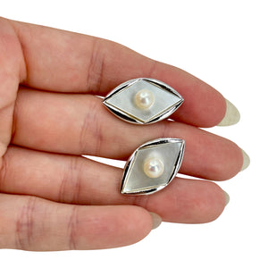 Marquise Mother of Pearl Japanese Saltwater Akoya Cultured Pearl Vintage Navette Cufflinks- Sterling Silver