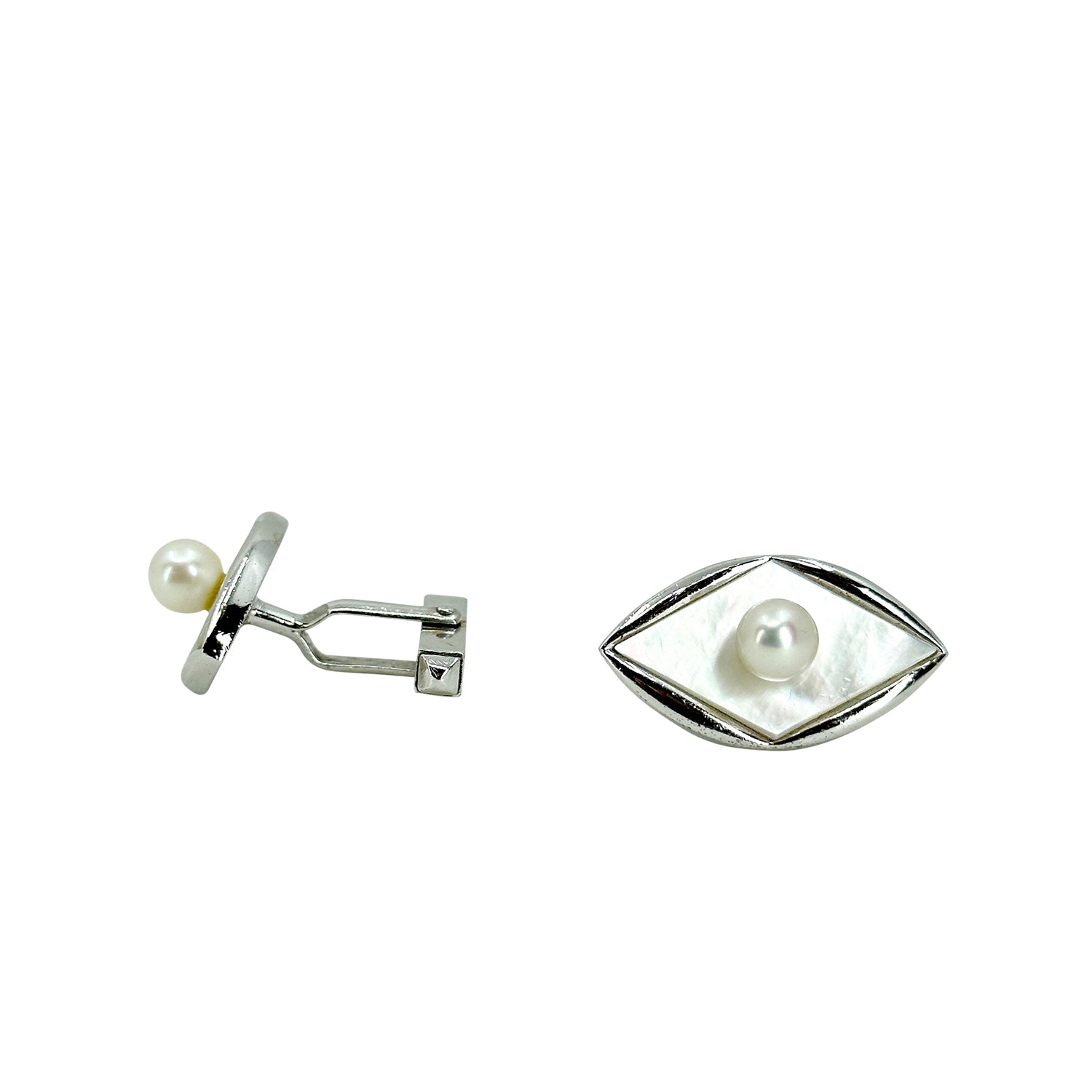 Marquise Mother of Pearl Japanese Saltwater Akoya Cultured Pearl Vintage Navette Cufflinks- Sterling Silver